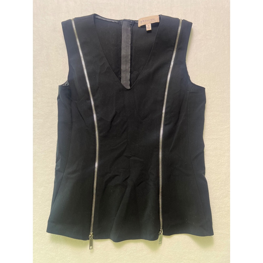 Philosophy M Peplum Top Edgy Chic Black Sleeveless V-Neck Exposed Zipper Detail